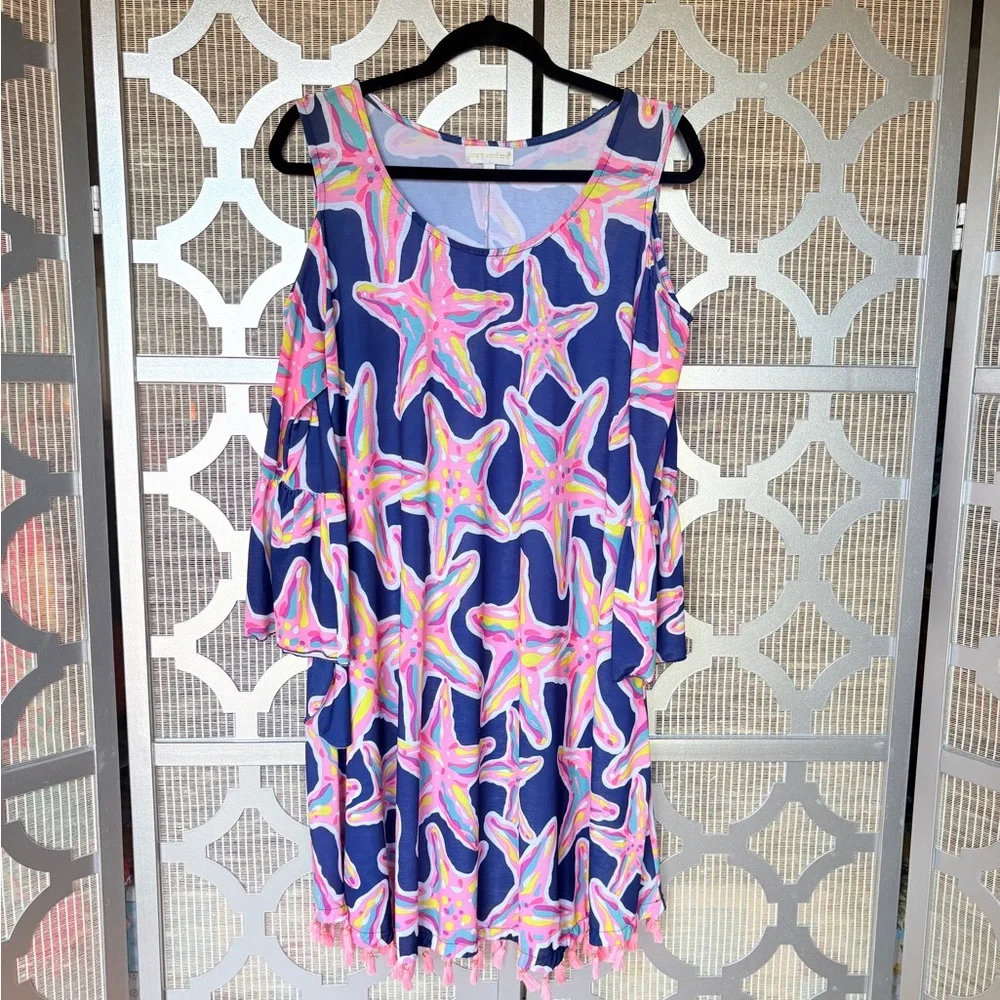Simply Southern Asymmetrical Starfish Dress - Pink and Blue - Picture 1 of 8